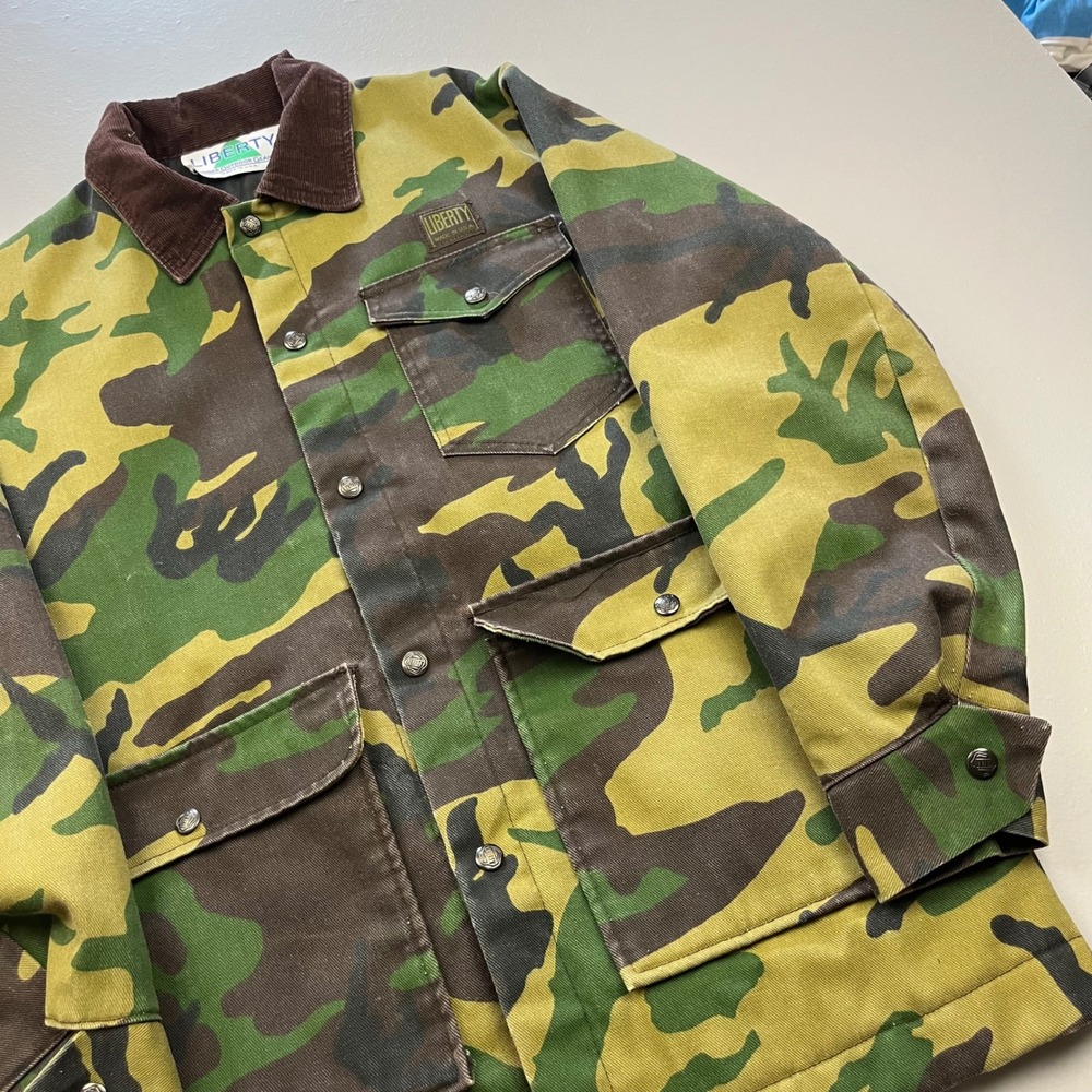Liberty Hunting Jacket Mens Medium Green Camo Corduroy Collar Quilted Lined USA